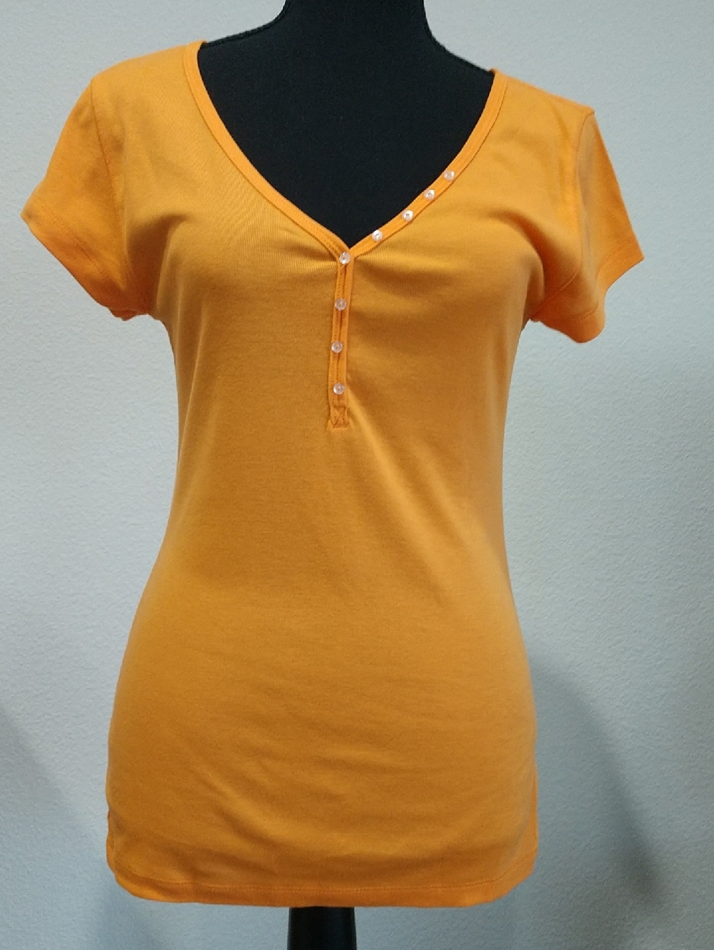 Women’s V-Neck Short Sleeve Tee with Button Placket - Orange